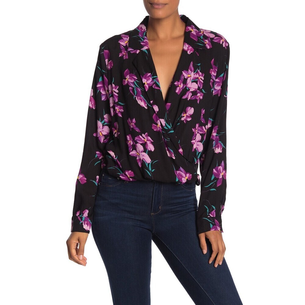 Free Press Notch Collar Surplice Long Sleeve Blouse In Black Multi Floral Size M